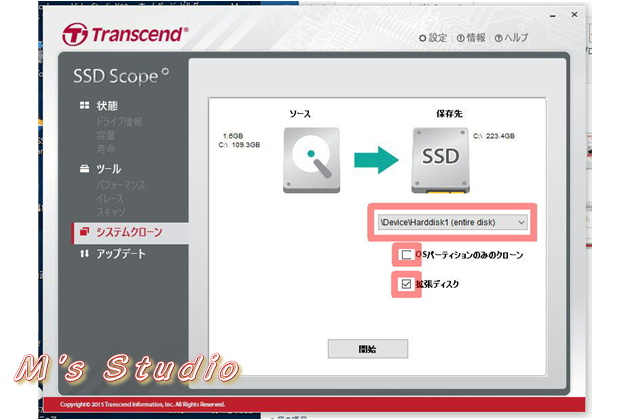 Transcend トランセンド TS240GSSD220S SSD 220GB SSD Scope ダウンロード ドライブ情報 s.m.a.r.t.情報 診断スキャン セキュア消去 trim検出&有効化 ファームウェアの更新 ヘルスインジゲーター システムクローン コンソール 画面