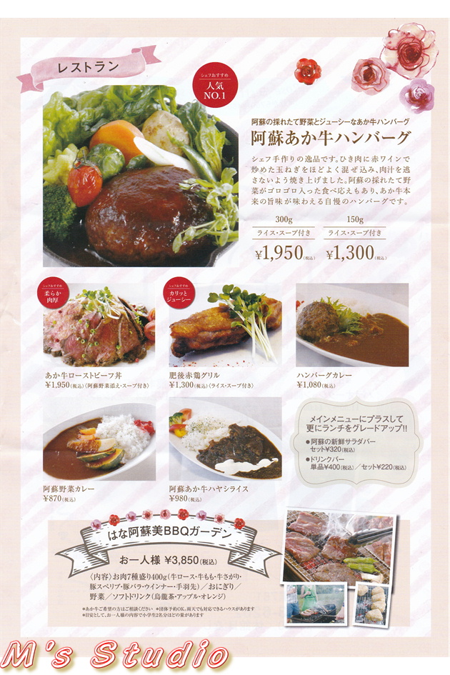 熊本県 阿蘇市 小里 はな阿蘇美 はなあそび Rose Festival 開催中 バラ まつり 見頃 4月下旬 6月中旬 春の阿蘇 パンフレット 阿蘇あか牛 ハンバーグ ローストビーフ丼 阿蘇野菜カレー レストラン バーベキュー BBQ BBQガーデン